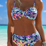 Elina | Abstrakcyjny nadruk bikini z cienkimi ramiączkami