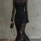Teresa - Elegancka Sukienka Maxi Fishtail z Elastycznej Czarnej Koronki