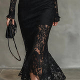 Teresa - Elegancka Sukienka Maxi Fishtail z Elastycznej Czarnej Koronki