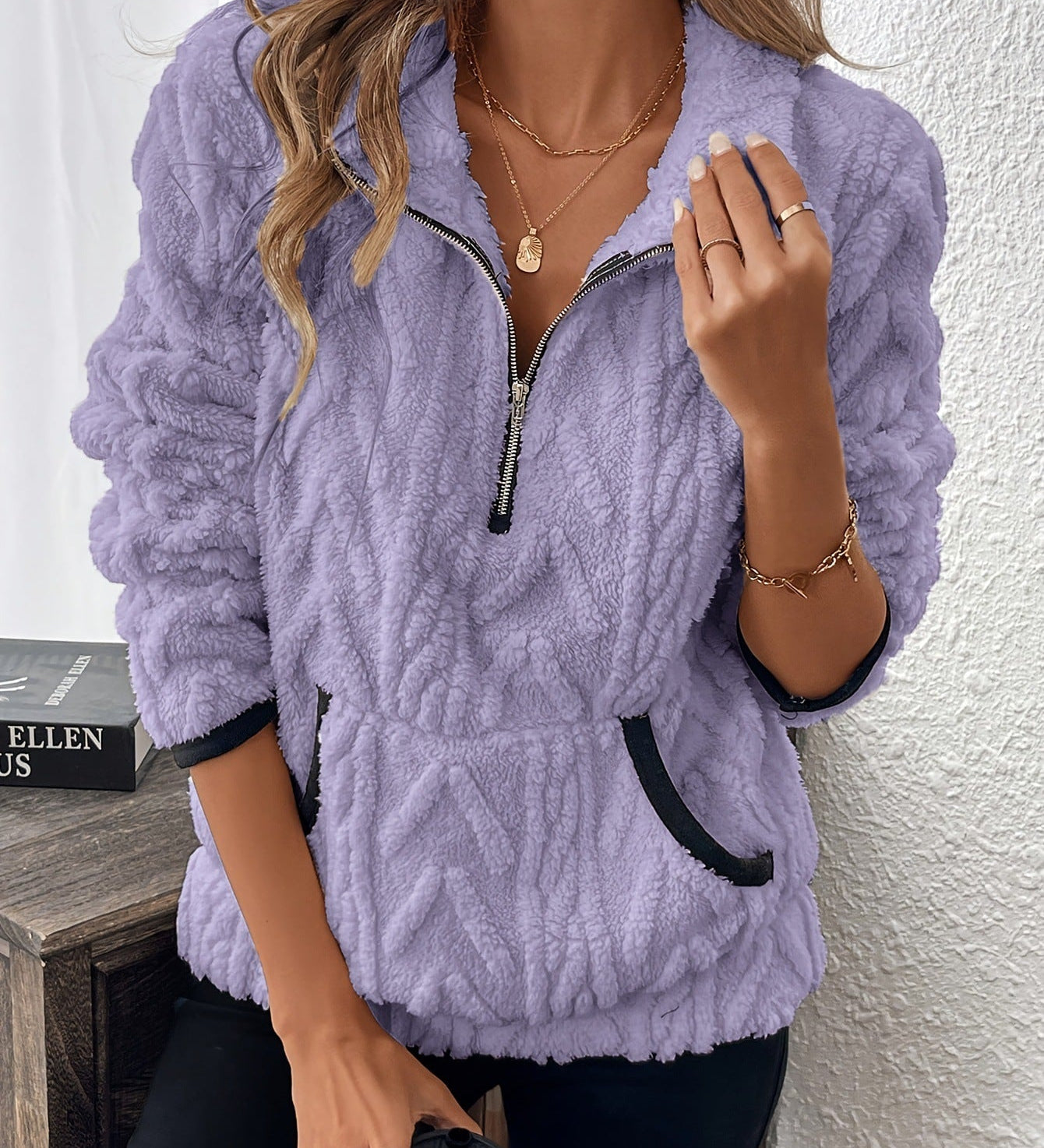 Rozalinda – Bluza z miękkiego pluszu z półzamkiem i kieszenią kangurką
