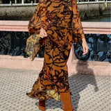 Ashley | Plażowa Glamour Brązowa długa sukienka w print