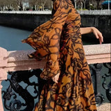 Ashley | Plażowa Glamour Brązowa długa sukienka w print