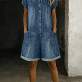 Sofía - Krótki vintage ogrodniczki z bawełny w stylu denim