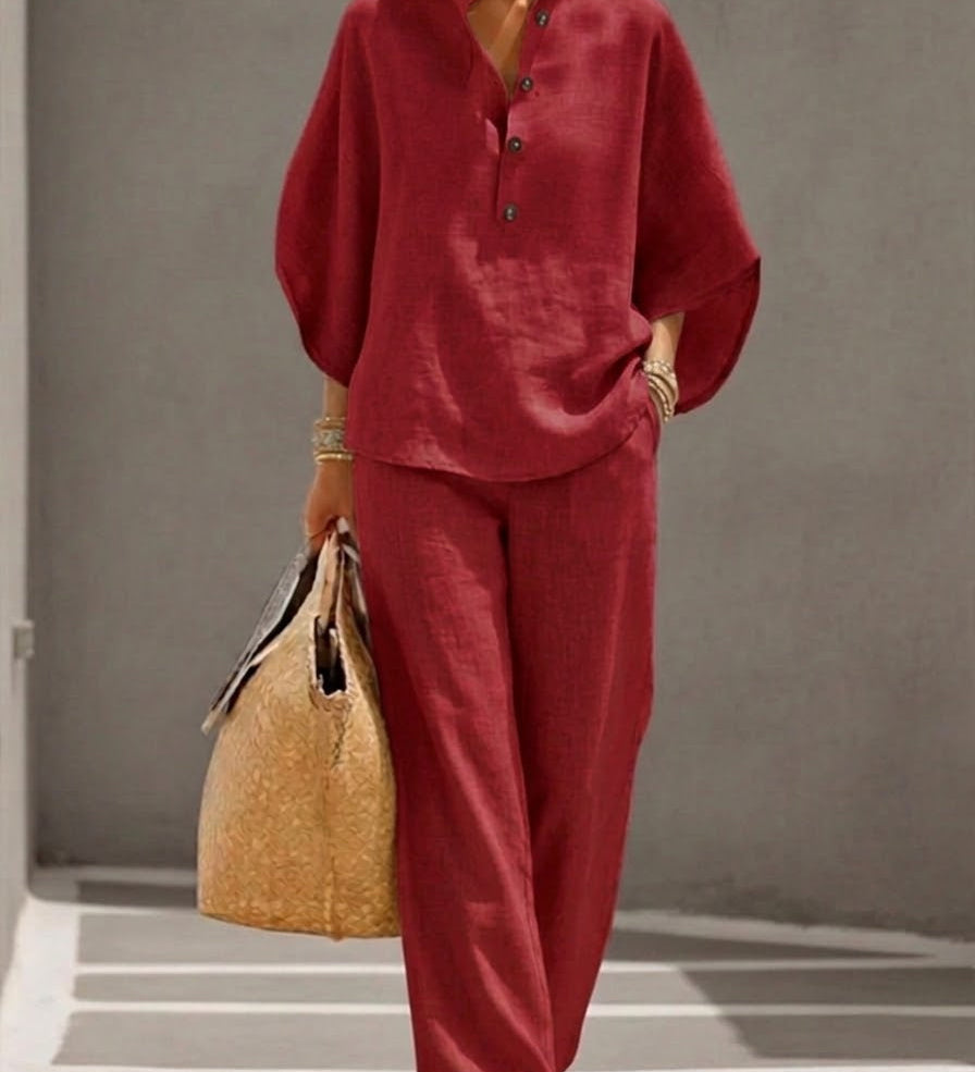 Mariel | Zestaw z Bawełny i Lnu z Batwing Rękawami i Szerokimi Nogawkami