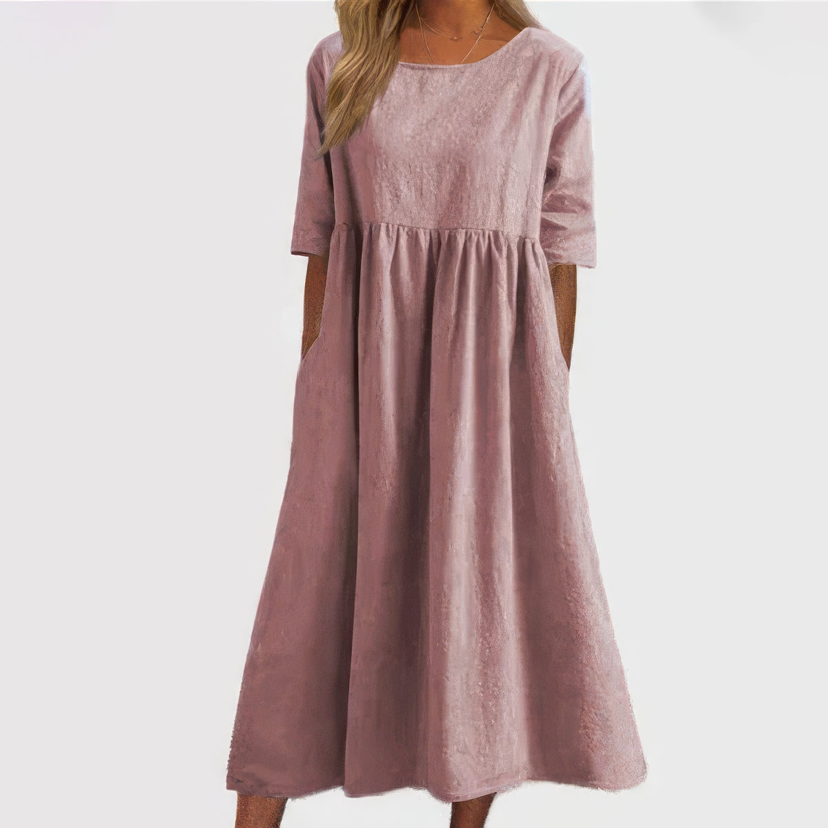 Isabella™ - Sukienka Bawełniana z Okrągłym Dekoltem i Kieszeniami